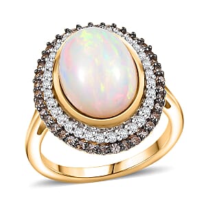 D'Joy AAA Ethiopian Welo Opal, White and Champagne Zircon 5.00 ctw Twilight Flame Ring in 18K Vermeil Yellow Gold Over Sterling Silver (Size 7.0)