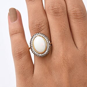 D'Joy AAA Ethiopian Welo Opal, White and Champagne Zircon 5.00 ctw Twilight Flame Ring in 18K Vermeil Yellow Gold Over Sterling Silver (Size 7.0)