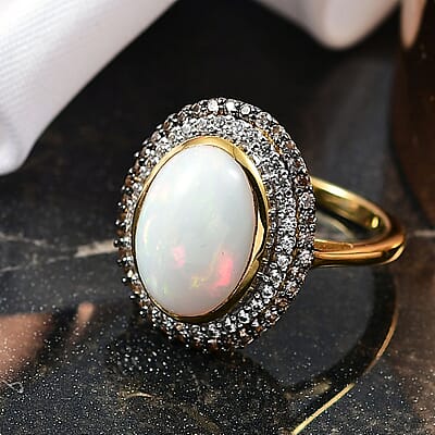 D'Joy AAA Ethiopian Welo Opal, White and Champagne Zircon 5.00 ctw Twilight Flame Ring in 18K Vermeil Yellow Gold Over Sterling Silver (Size 8.0)