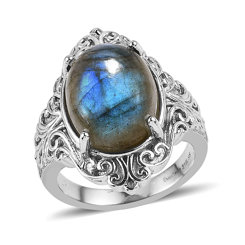 EverTrue Malagasy Labradorite 10.40 ctw Ring in Stainless Steel (Size 11.0)