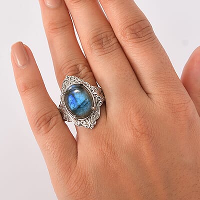 EverTrue Malagasy Labradorite 10.40 ctw Ring in Stainless Steel (Size 11.0)