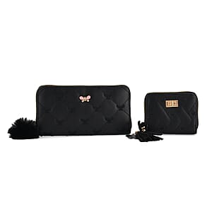 Tamsy Black Faux Leather Short Stitched Pattern Wallet and Long Wallet with Tassels