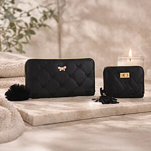 Tamsy Black Faux Leather Short Stitched Pattern Wallet and Long Wallet with Tassels