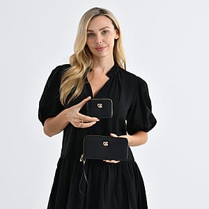 Tamsy Black Faux Leather Short Stitched Pattern Wallet and Long Wallet with Tassels