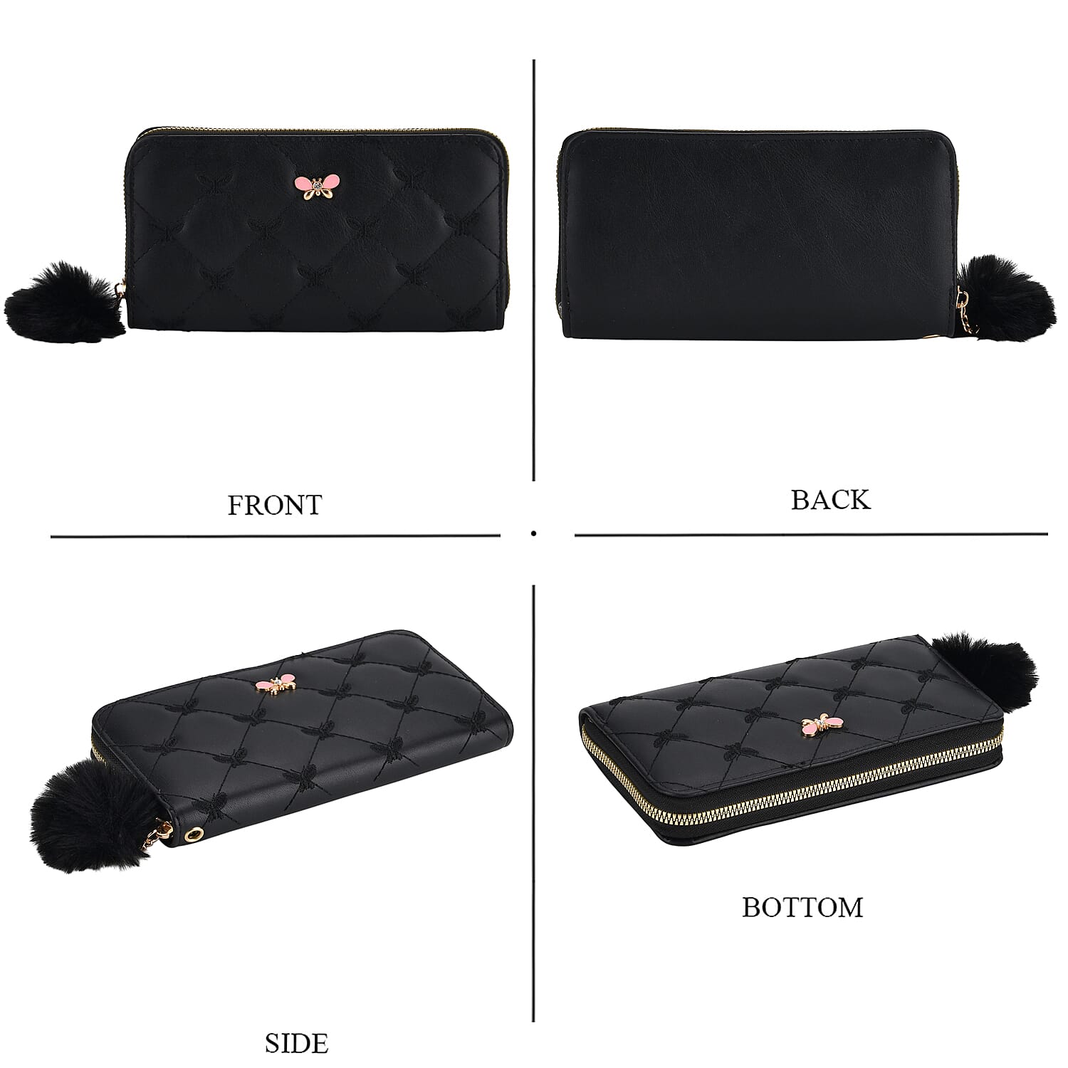 Tamsy Black Faux Leather Short Stitched Pattern Wallet and Long Wallet with Tassels