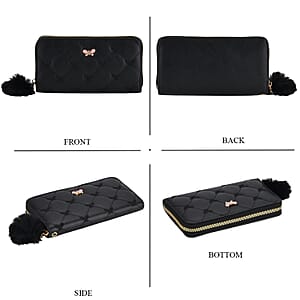 Tamsy Black Faux Leather Short Stitched Pattern Wallet and Long Wallet with Tassels