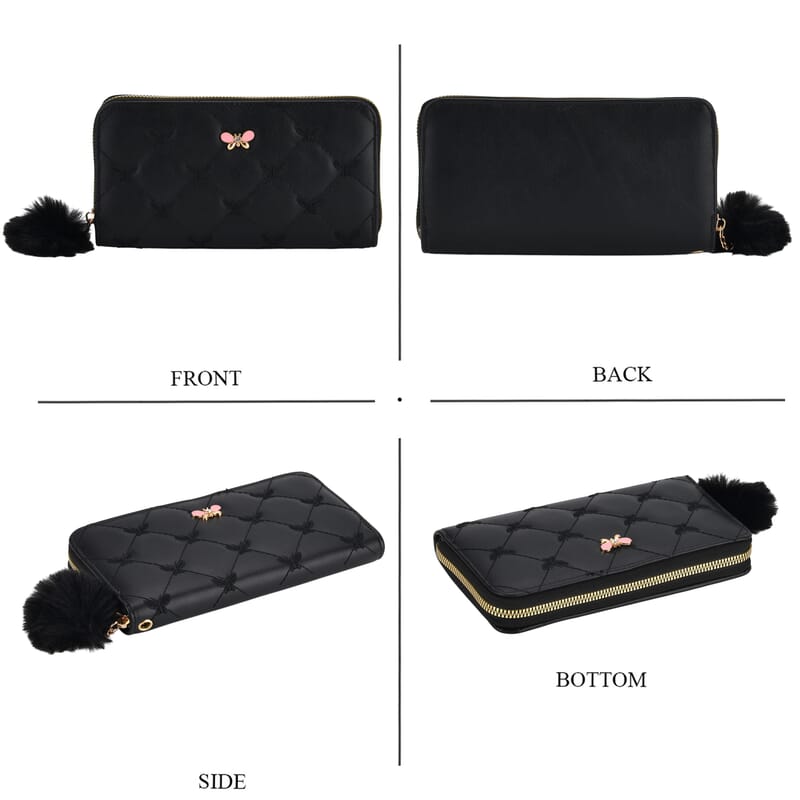 Tamsy Black Faux Leather Short Stitched Pattern Wallet and Long Wallet with Tassels