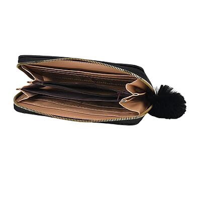Tamsy Black Faux Leather Short Stitched Pattern Wallet and Long Wallet with Tassels