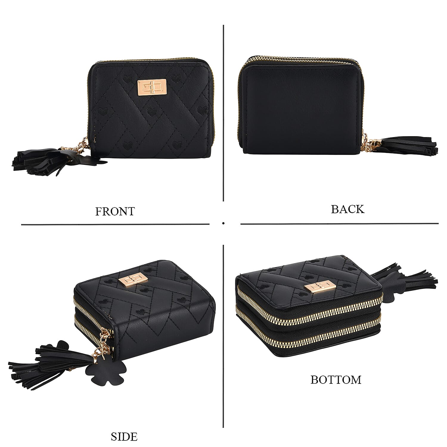 Tamsy Black Faux Leather Short Stitched Pattern Wallet and Long Wallet with Tassels