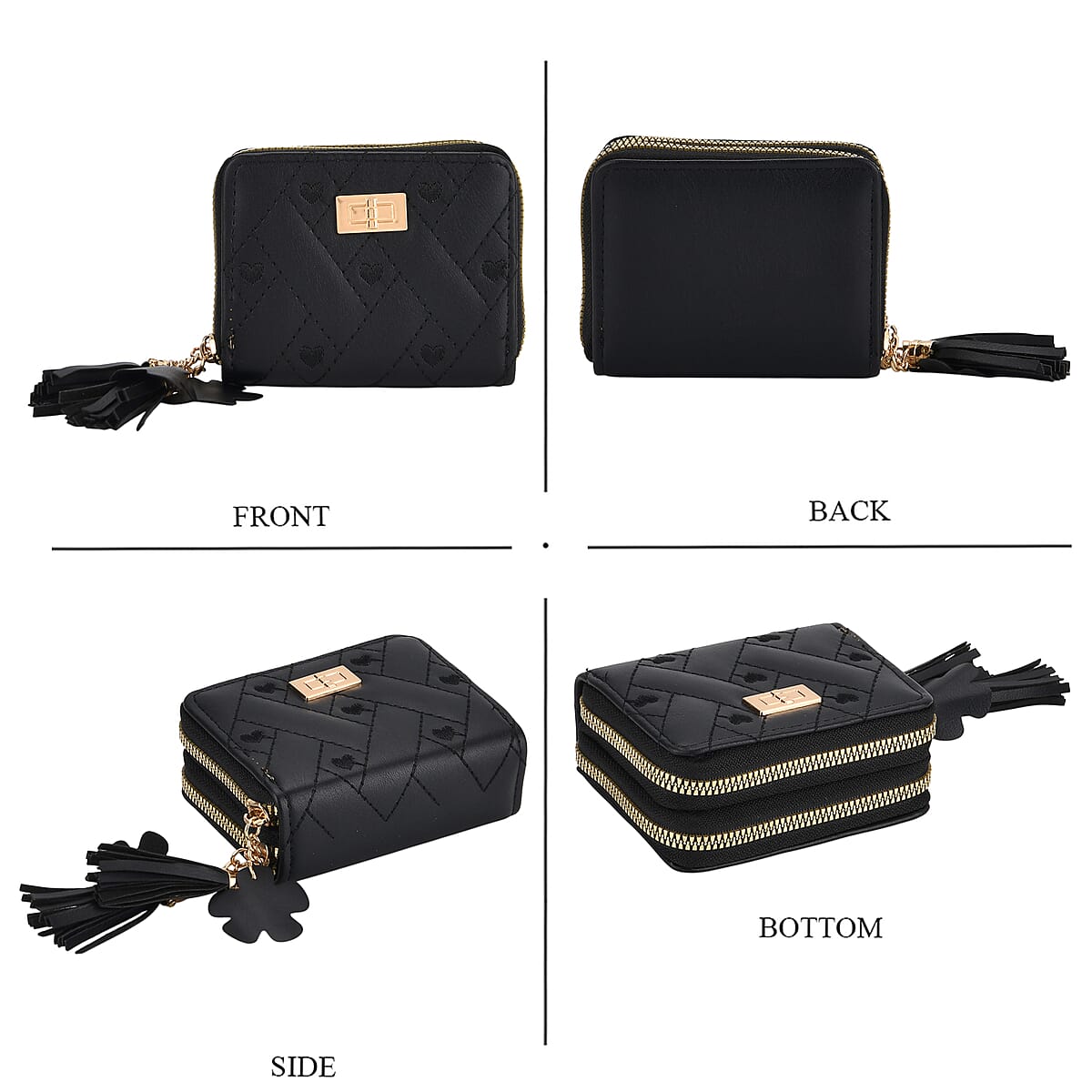 Tamsy Black Faux Leather Short Stitched Pattern Wallet and Long Wallet with Tassels image number 5