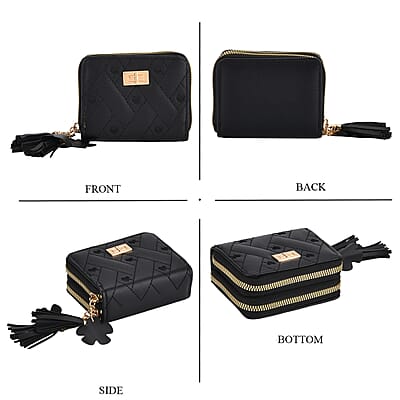 Tamsy Black Faux Leather Short Stitched Pattern Wallet and Long Wallet with Tassels