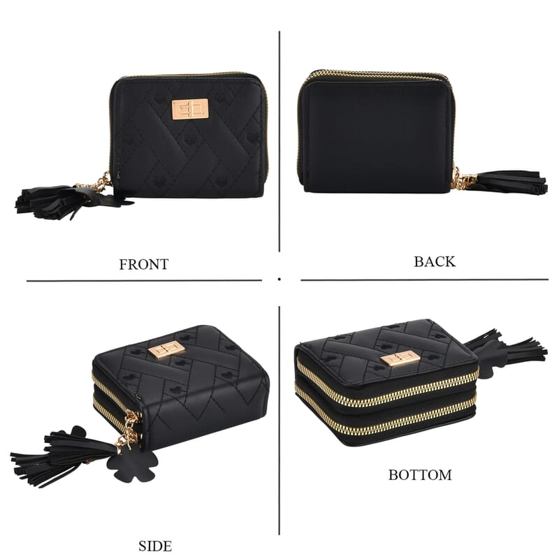 Tamsy Black Faux Leather Short Stitched Pattern Wallet and Long Wallet with Tassels