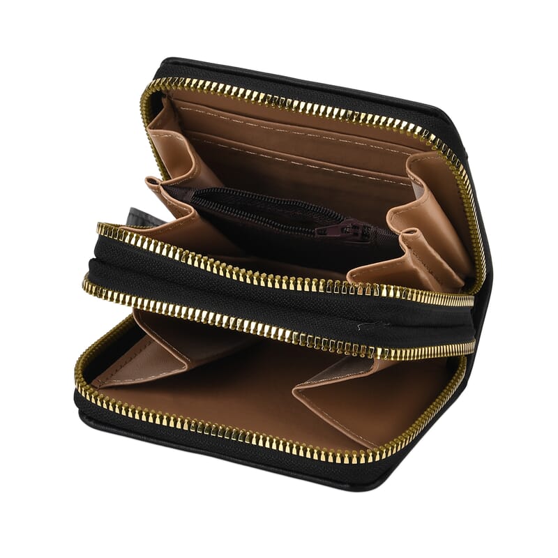 Tamsy Black Faux Leather Short Stitched Pattern Wallet and Long Wallet with Tassels
