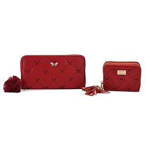 Tamsy Red Faux Leather Short Stitched Pattern Wallet and Long Wallet with Tassels