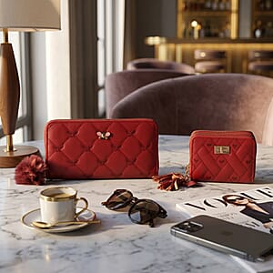 Tamsy Red Faux Leather Short Stitched Pattern Wallet and Long Wallet with Tassels