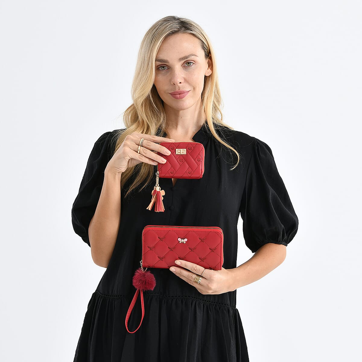 Tamsy Red Faux Leather Short Stitched Pattern Wallet and Long Wallet with Tassels image number 1