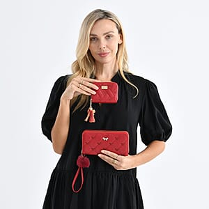 Tamsy Red Faux Leather Short Stitched Pattern Wallet and Long Wallet with Tassels