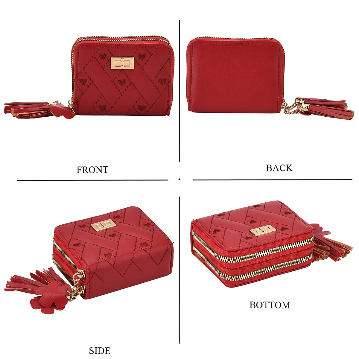 Tamsy Red Faux Leather Short Stitched Pattern Wallet and Long Wallet with Tassels image number 4