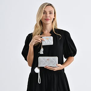 Tamsy Silver Faux Leather Short Stitched Pattern Wallet and Long Wallet with Tassels