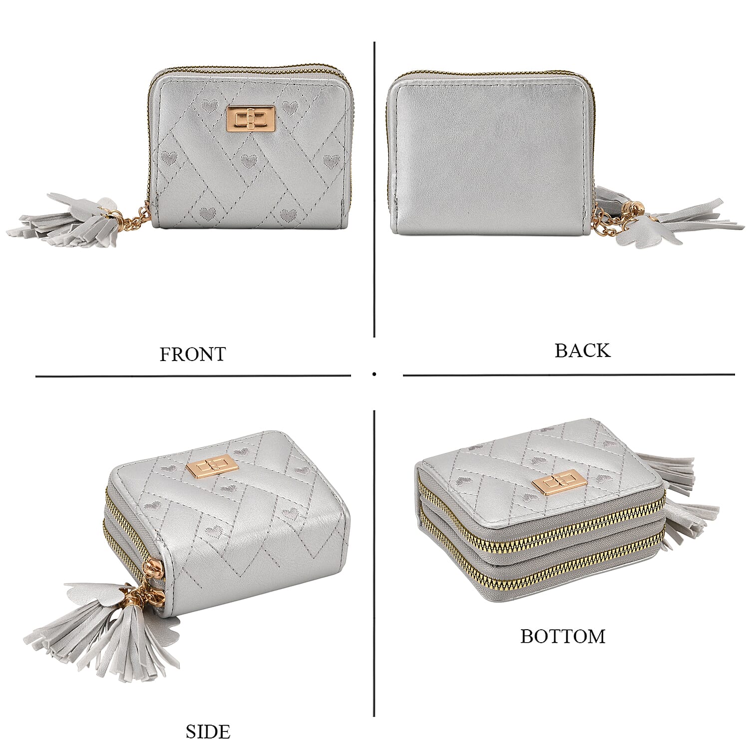 Tamsy Silver Faux Leather Short Stitched Pattern Wallet and Long Wallet with Tassels
