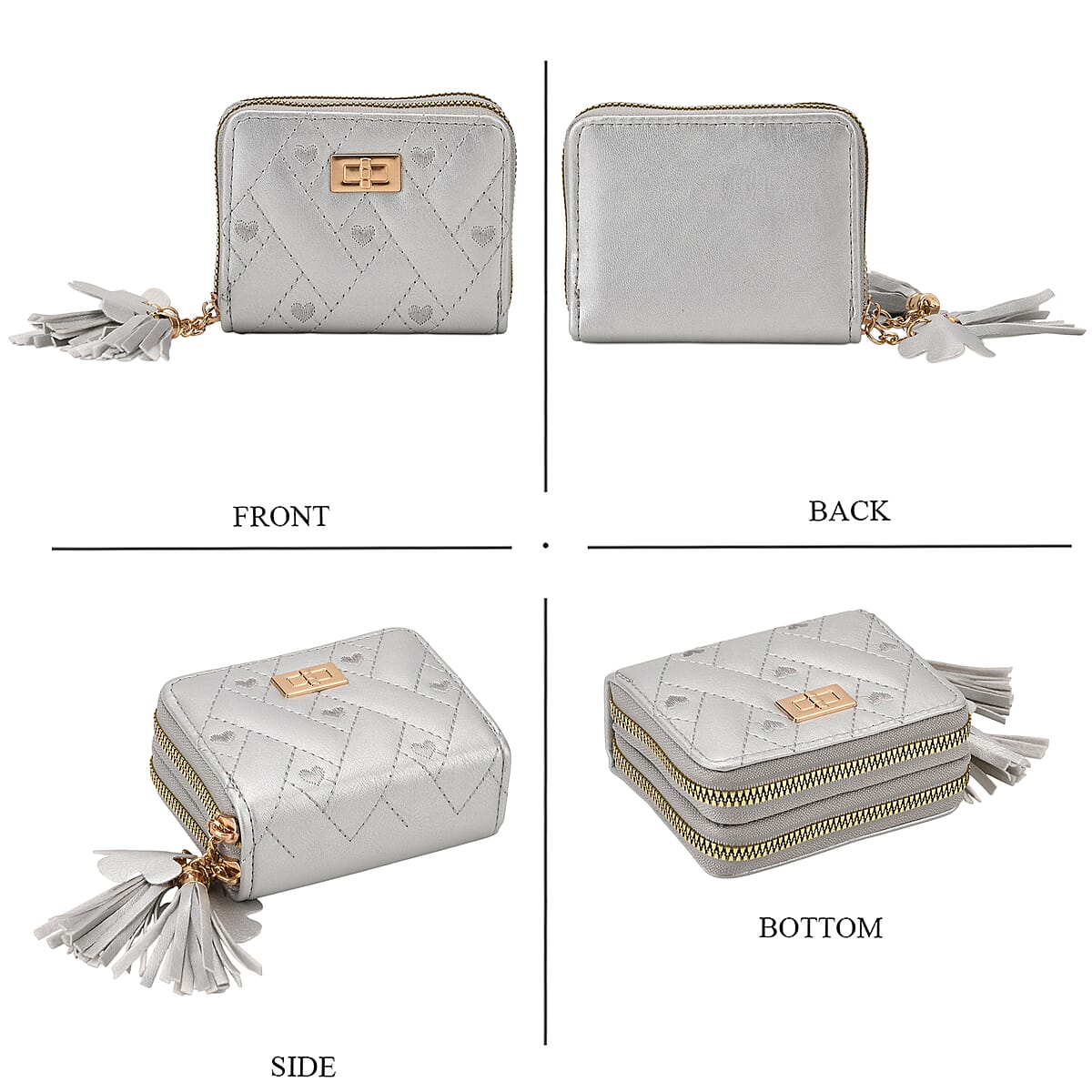 Tamsy Silver Faux Leather Short Stitched Pattern Wallet and Long Wallet with Tassels image number 4
