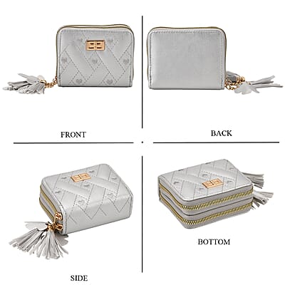 Tamsy Silver Faux Leather Short Stitched Pattern Wallet and Long Wallet with Tassels