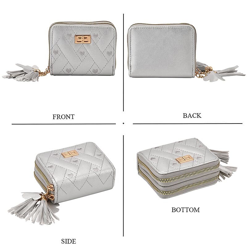 Tamsy Silver Faux Leather Short Stitched Pattern Wallet and Long Wallet with Tassels