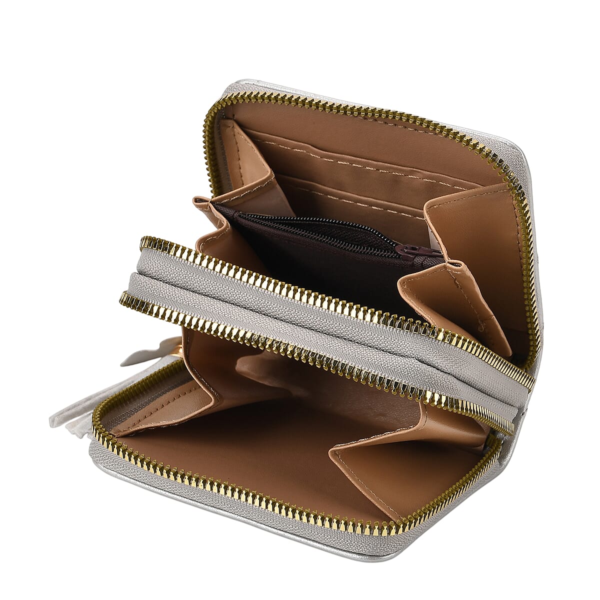 Tamsy Silver Faux Leather Short Stitched Pattern Wallet and Long Wallet with Tassels image number 5