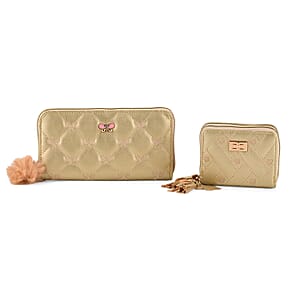 Tamsy Gold Faux Leather Short Stitched Pattern Wallet and Long Wallet with Tassels