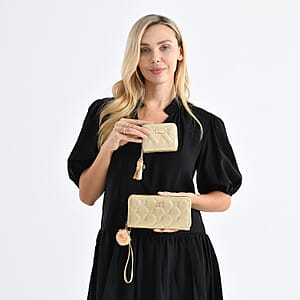 Tamsy Gold Faux Leather Short Stitched Pattern Wallet and Long Wallet with Tassels