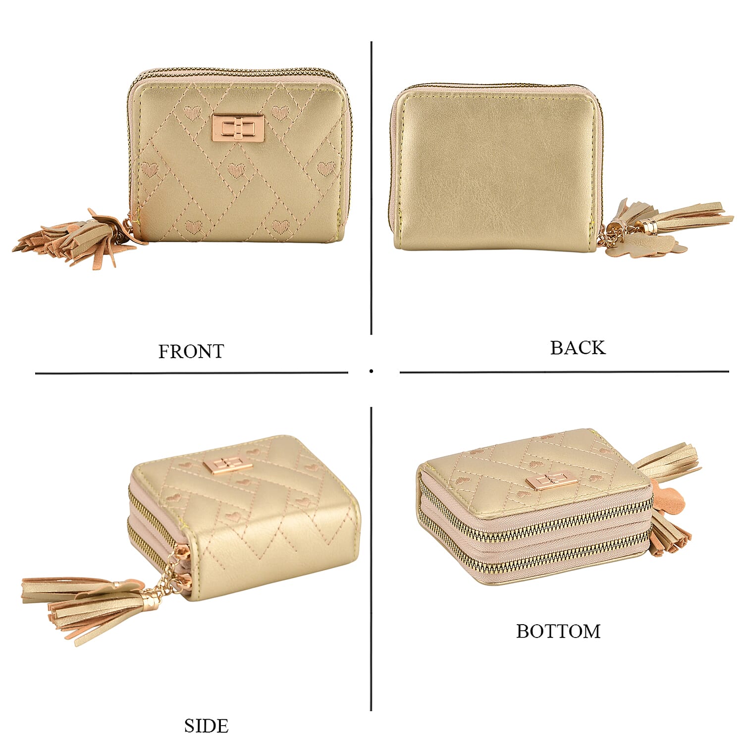 Tamsy Gold Faux Leather Short Stitched Pattern Wallet and Long Wallet with Tassels