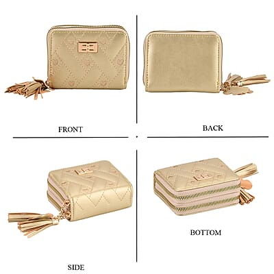 Tamsy Gold Faux Leather Short Stitched Pattern Wallet and Long Wallet with Tassels