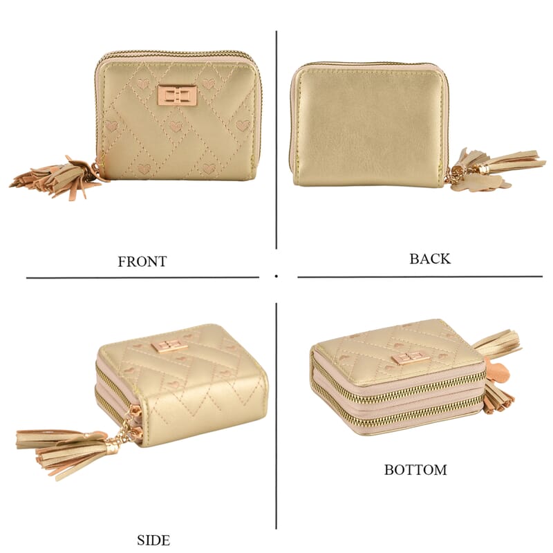 Tamsy Gold Faux Leather Short Stitched Pattern Wallet and Long Wallet with Tassels
