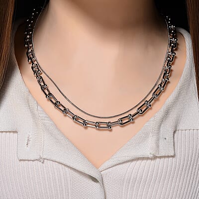 Geometric Link Chain Necklace in Silvertone 20-22 Inches