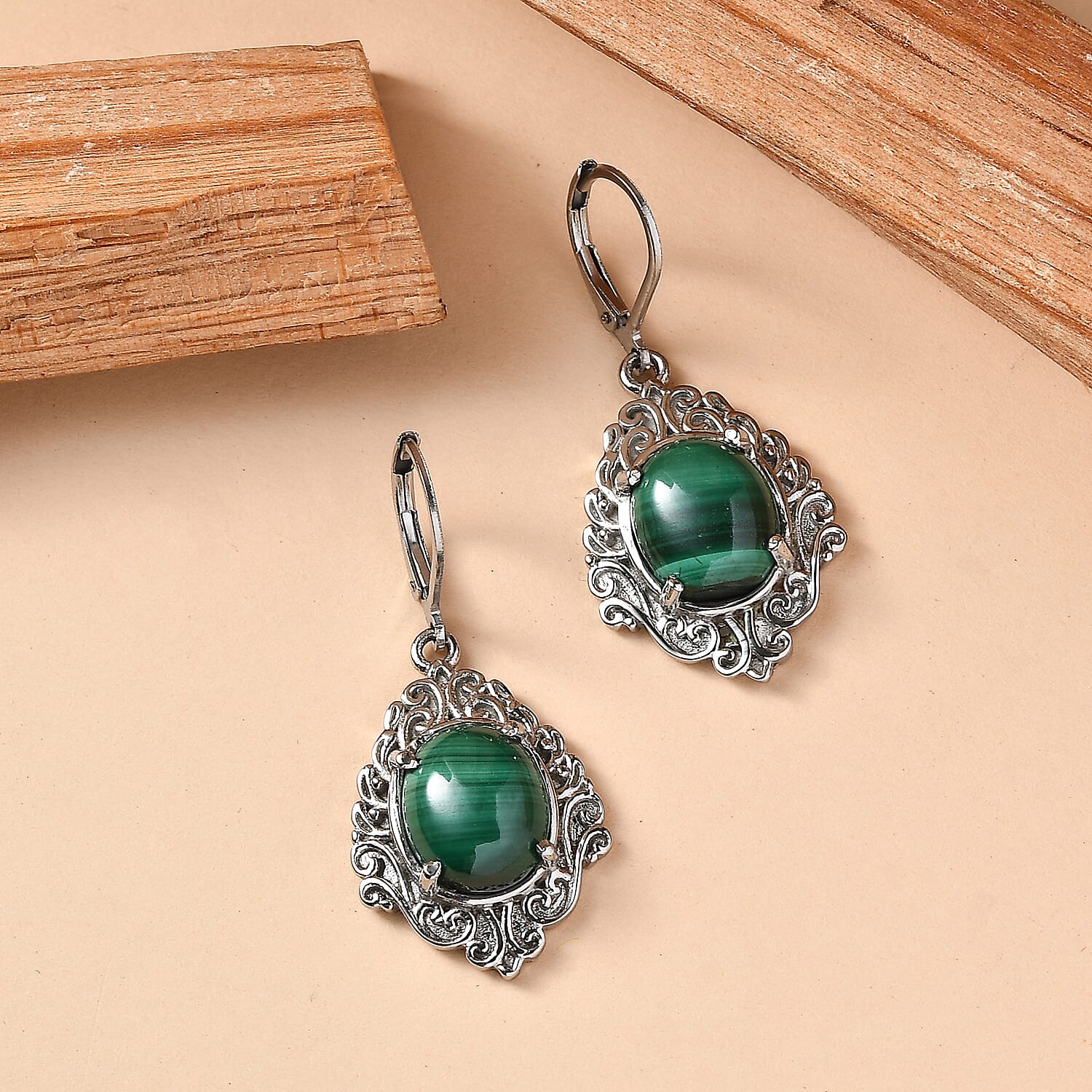 EverTrue African Malachite 13.90 ctw Earrings in Stainless Steel