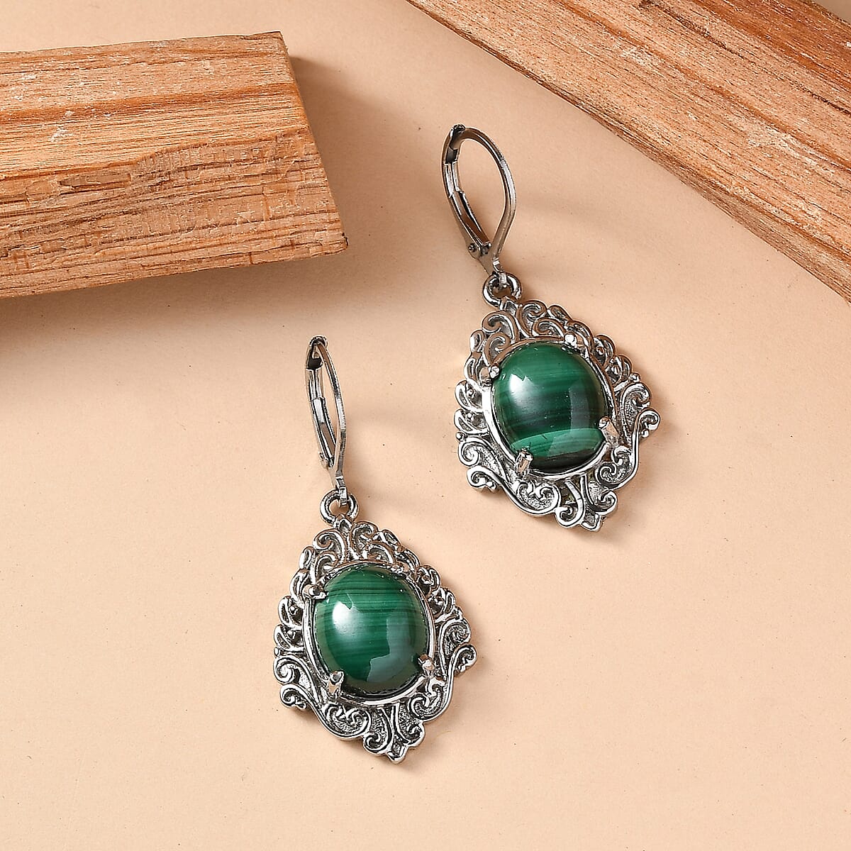 EverTrue African Malachite 13.90 ctw Earrings in Stainless Steel image number 1