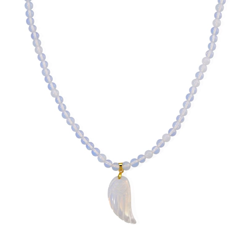 Opalite 110.00 ctw Carved Wing Pendant with Beaded Necklace in Goldtone 18-20 Inches