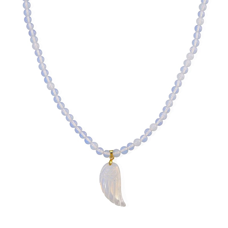 Opalite 110.00 ctw Carved Wing Pendant with Beaded Necklace in Goldtone 18-20 Inches