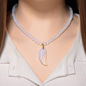 Opalite 110.00 ctw Carved Wing Pendant with Beaded Necklace in Goldtone 18-20 Inches
