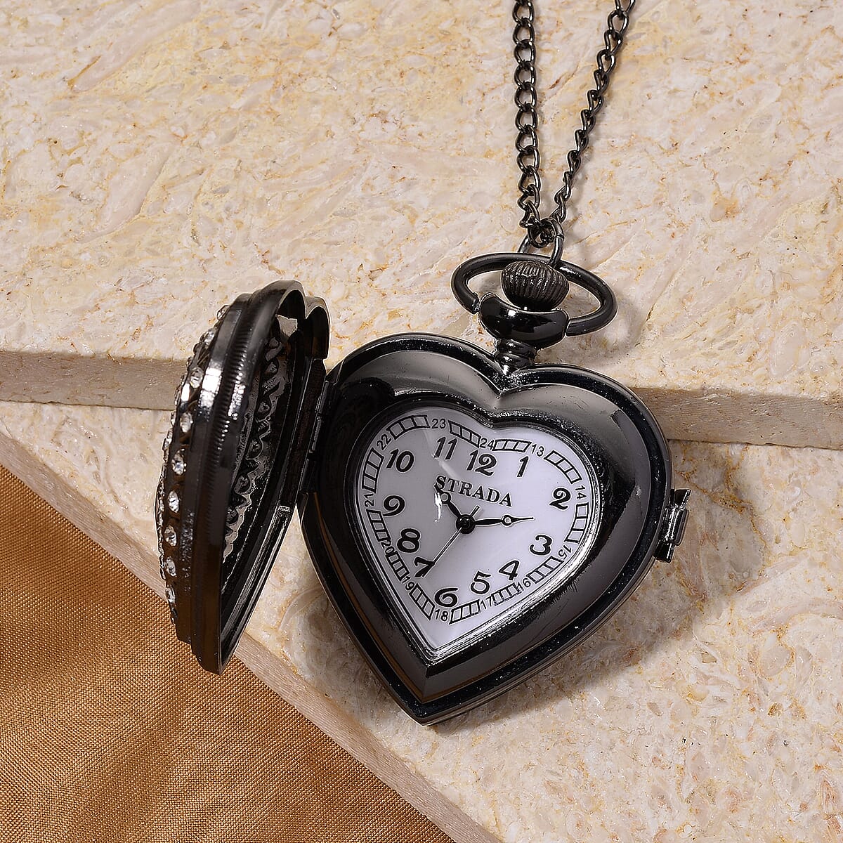 Strada White Glass, Multi Color Austrian Crystal Japanese Movement Heart Shaped Pocket Watch with Chain (31 Inches) in Black Silvertone image number 1