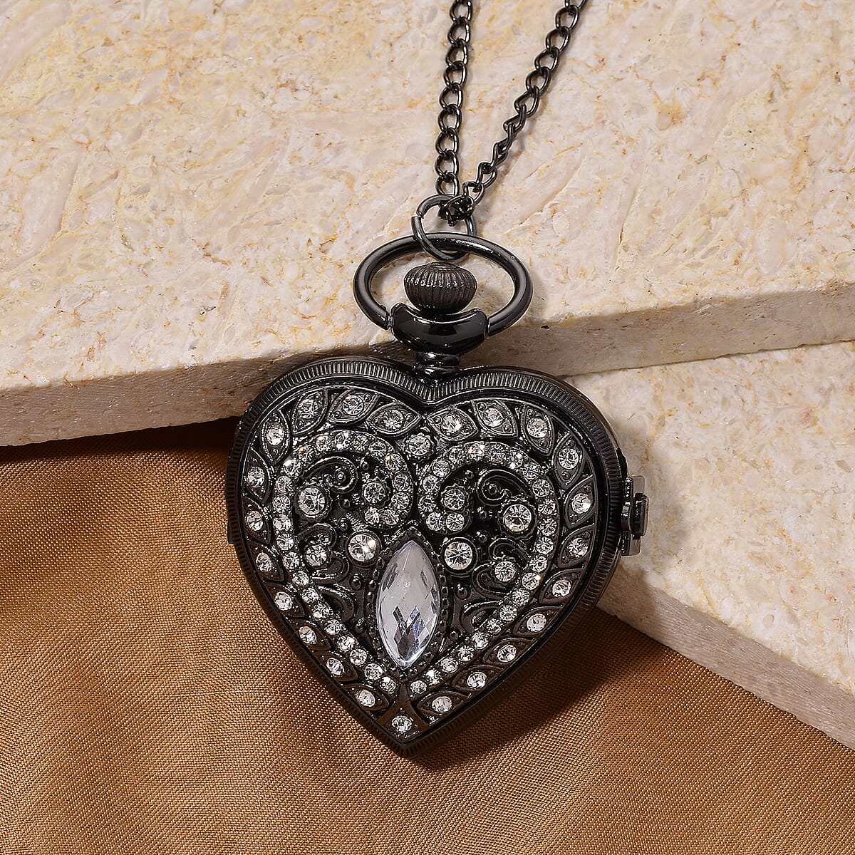 Strada White Glass, Multi Color Austrian Crystal Japanese Movement Heart Shaped Pocket Watch with Chain (31 Inches) in Black Silvertone image number 2