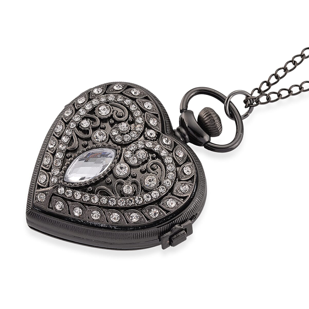 Strada White Glass, Multi Color Austrian Crystal Japanese Movement Heart Shaped Pocket Watch with Chain (31 Inches) in Black Silvertone image number 3