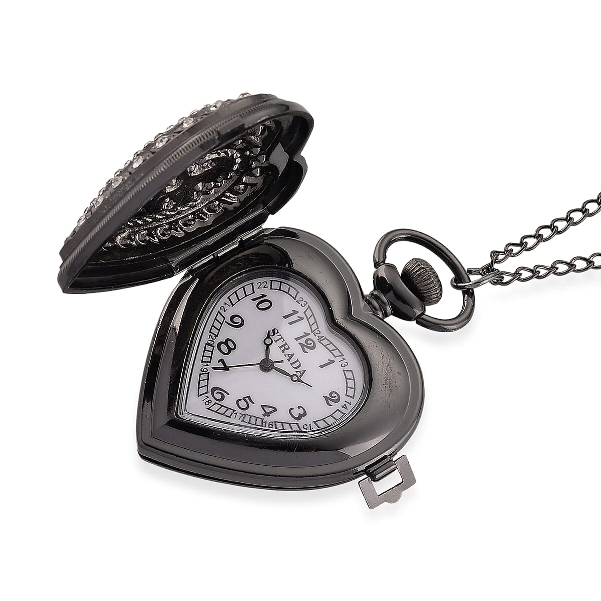 Strada White Glass, Multi Color Austrian Crystal Japanese Movement Heart Shaped Pocket Watch with Chain (31 Inches) in Black Silvertone image number 4