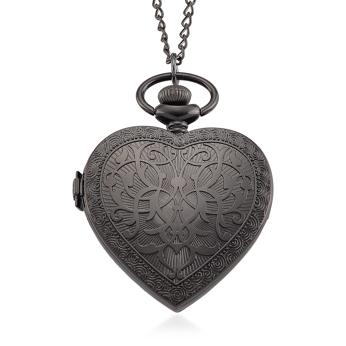 Strada White Glass, Multi Color Austrian Crystal Japanese Movement Heart Shaped Pocket Watch with Chain (31 Inches) in Black Silvertone image number 5