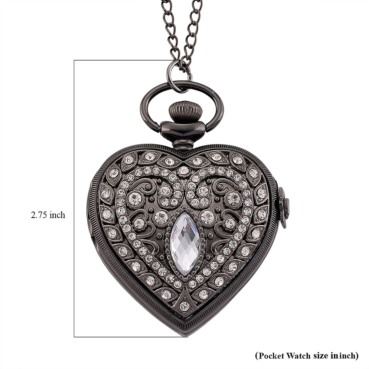 Strada White Glass, Multi Color Austrian Crystal Japanese Movement Heart Shaped Pocket Watch with Chain (31 Inches) in Black Silvertone image number 7