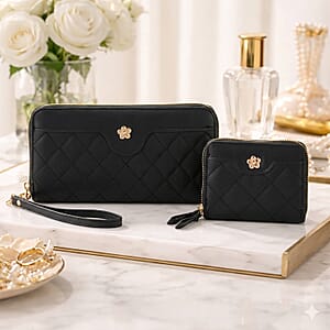 Tamsy Black Faux Leather Quilted Short Wallet and Long Wallet