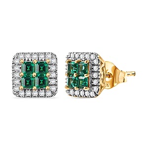 Premium Kagem Zambian Emerald and Luxuriant Lab Grown Diamond G-H SI 1.00 ctw Grid Mosaic Earrings in 18K Vermeil Over Sterling Silver