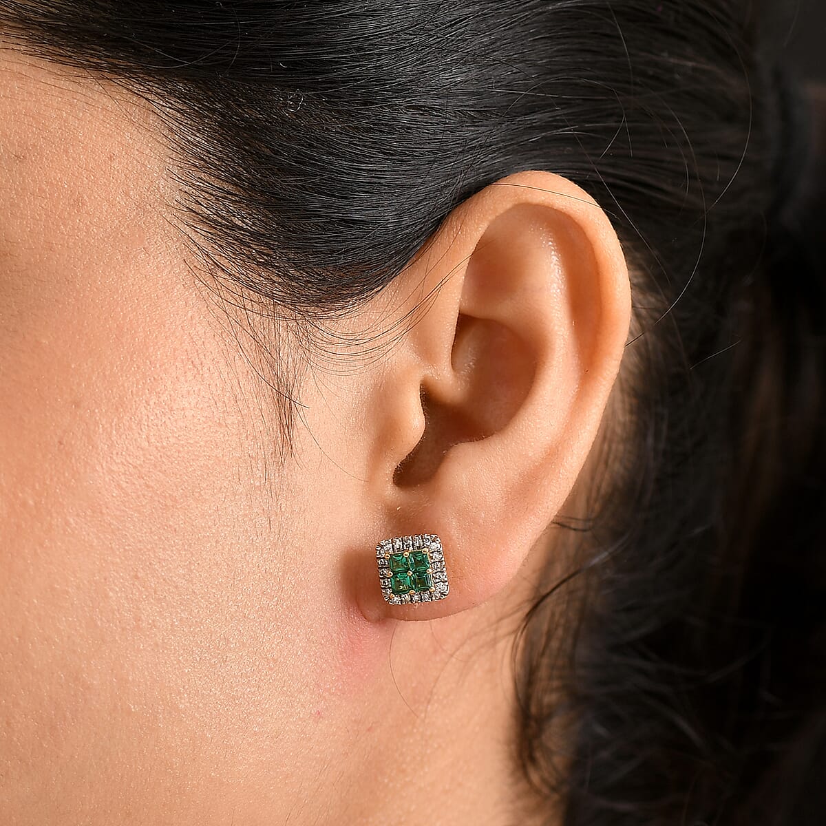 Premium Kagem Zambian Emerald and Luxuriant Lab Grown Diamond G-H SI 1.00 ctw Grid Mosaic Earrings in 18K Vermeil Over Sterling Silver image number 2