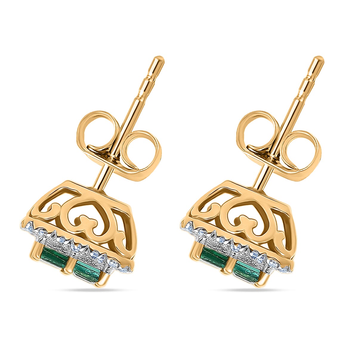 Premium Kagem Zambian Emerald and Luxuriant Lab Grown Diamond G-H SI 1.00 ctw Grid Mosaic Earrings in 18K Vermeil Over Sterling Silver image number 3
