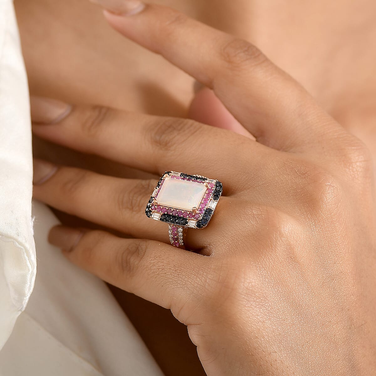 D'Joy Premium Ethiopian Welo Opal and Multi Gemstone 4.15 ctw Aurora Opal Ring in 18K Vermeil Rose Gold Over Sterling Silver (Size 7.0) (Del. in 5-7 Days) image number 2